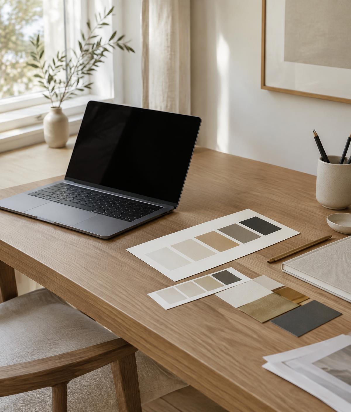 Hochwertiger Arbeitsplatz mit Laptop und Farbmustern in Creme, Sand, Anthrazit und Gold