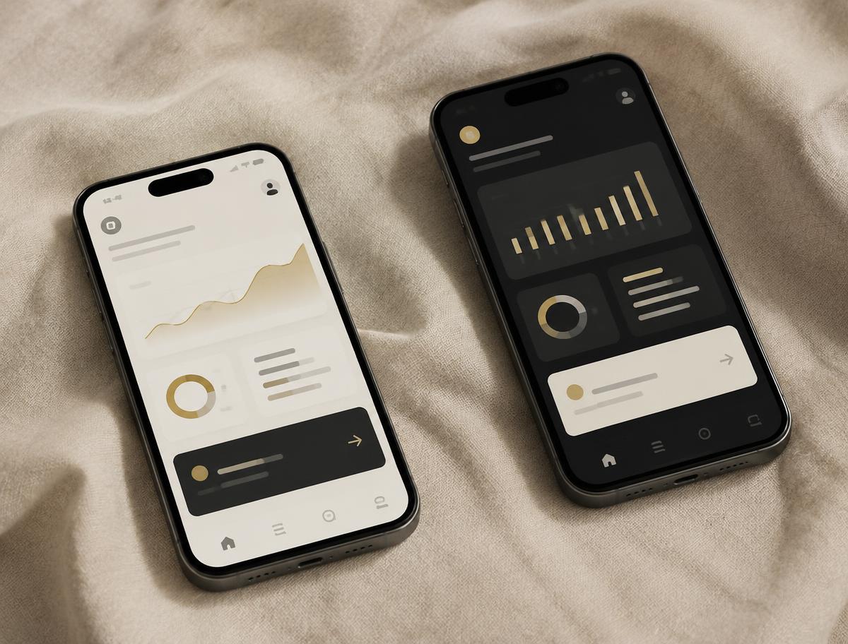 Zwei Smartphones mit einer minimalistischen App-Oberfläche auf Leinen