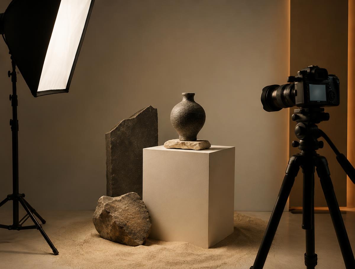 Fotostudio mit Kamera, Softbox und inszeniertem Produkt auf einem Podest