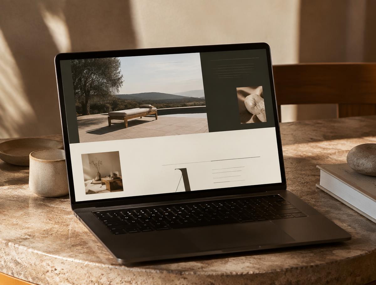 Laptop mit elegantem Website-Layout auf einem Steintisch
